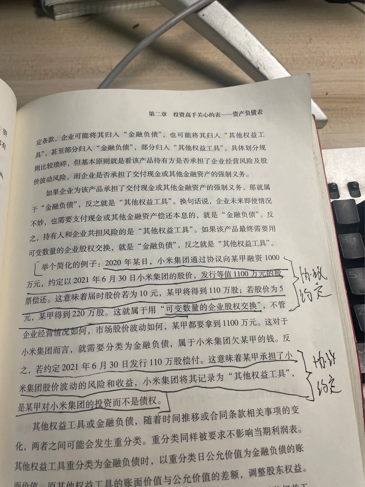 小米集团向甲融资 为什么是小米给甲钱？
在例题中 小米无论如何都要给 甲 股权但是我不给股权还甲现金应该也是可以的吧 可变数量的企业股权交换那一大段话就是一个条款吧 
划线部分 我也并没有看见甲承担了小米的价格动风险和收益啊 
难道21年6月30发行110w固偿还就是一个条款吗l