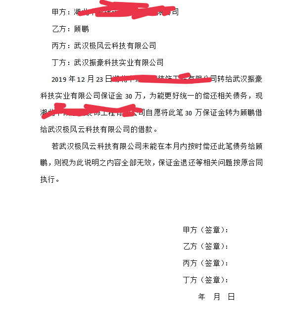 老师还是刚才的一件事，挂靠人让我们盖章，我们是甲方，实际涉及是三方，这个签字还把第四方武汉极风扯进来了是什么意思，这个账务说明太含糊了搞不懂。